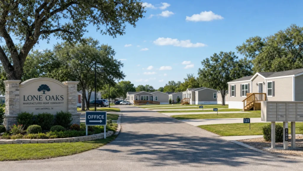 A San Antonio manufactured home community entrance with lot markers, mailboxes, and a model home down the street.