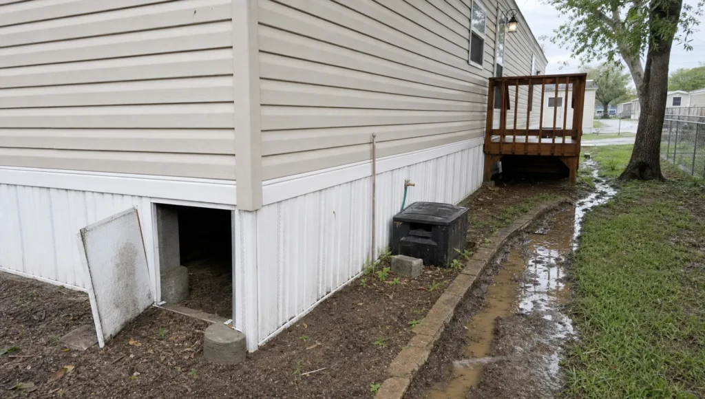 A San Antonio manufactured home site shows skirting, piers, steps, and damp ground where termites can enter.