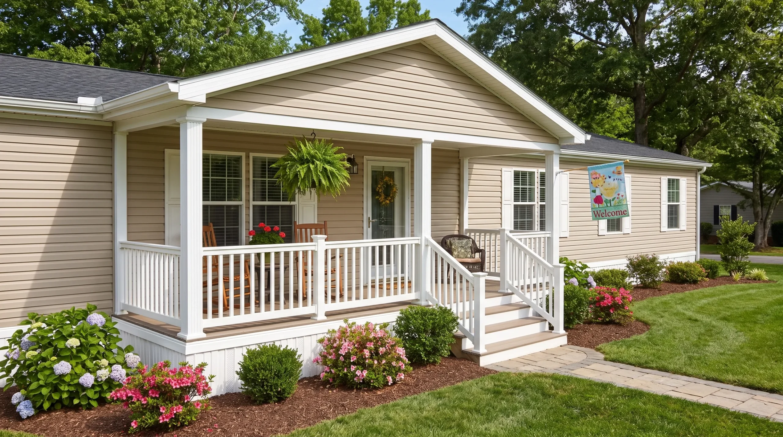 A welcoming doublewide manufactured home with a front porch and landscaped yard shows how lifestyle fit shapes the choice of a mobile home.