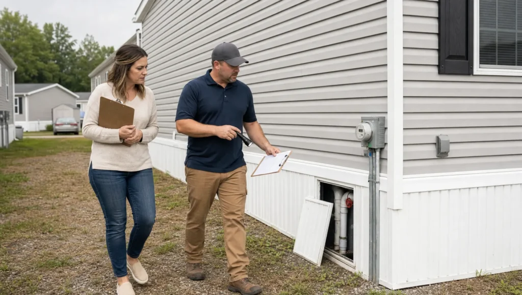 An inspector and buyer review a factory-built home’s foundation and utility connections together.