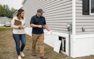 An inspector and buyer review a factory-built home’s foundation and utility connections together.