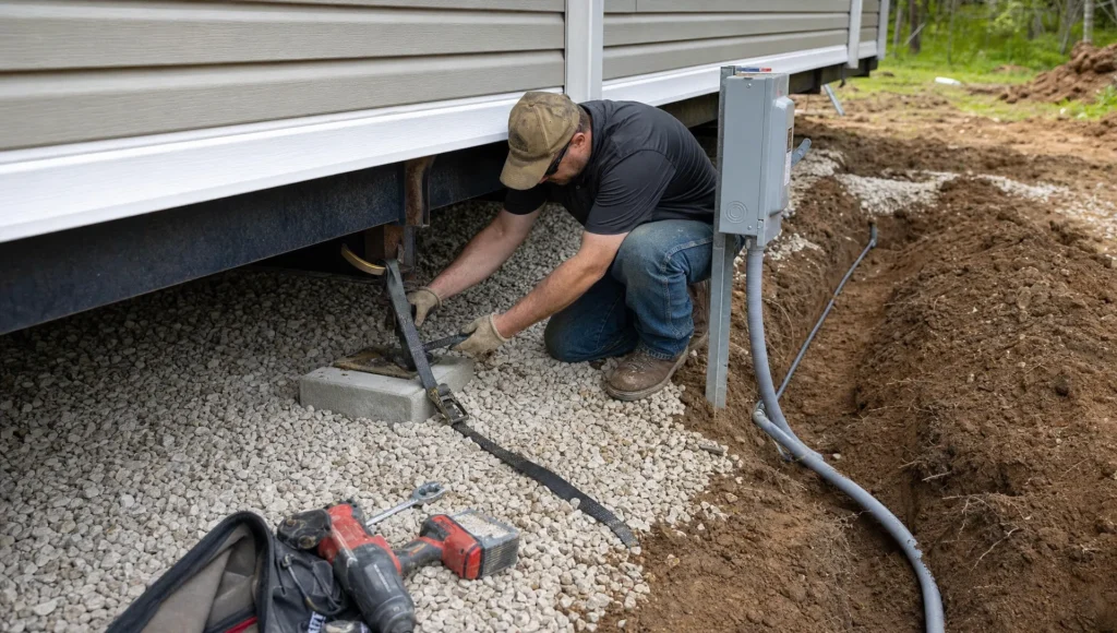 An installer checks anchoring and utility hookups beside a manufactured home on private land.