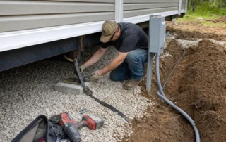 An installer checks anchoring and utility hookups beside a manufactured home on private land.