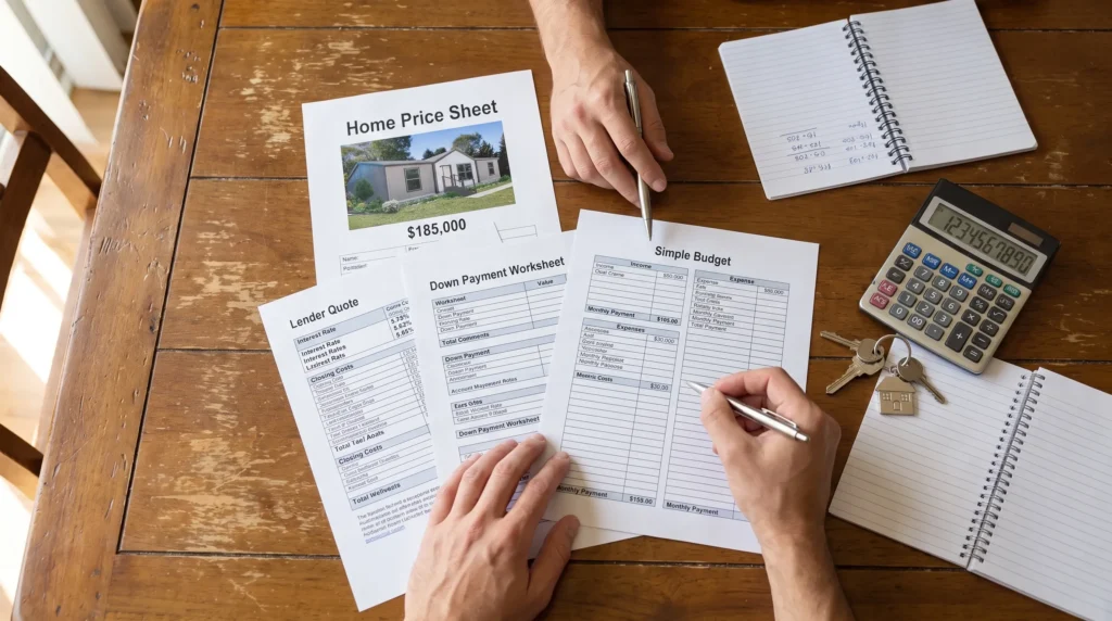 Hands compare chattel loan quotes, budget notes, and home pricing at a dining table.