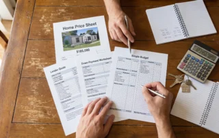 Hands compare chattel loan quotes, budget notes, and home pricing at a dining table.