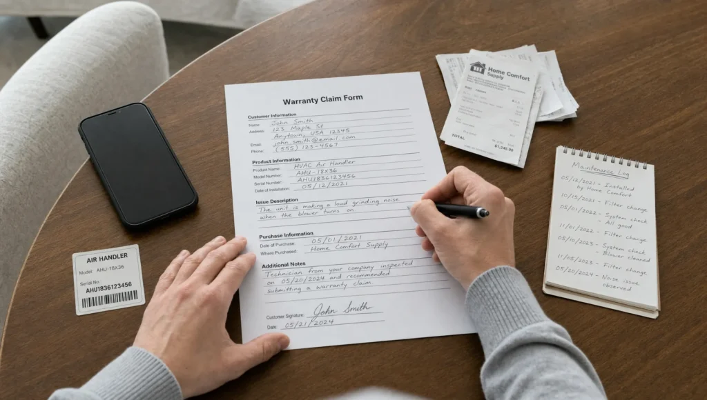 Hands complete a Fleetwood Homes warranty claim form beside receipts and maintenance notes.