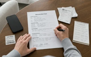 Hands complete a Fleetwood Homes warranty claim form beside receipts and maintenance notes.