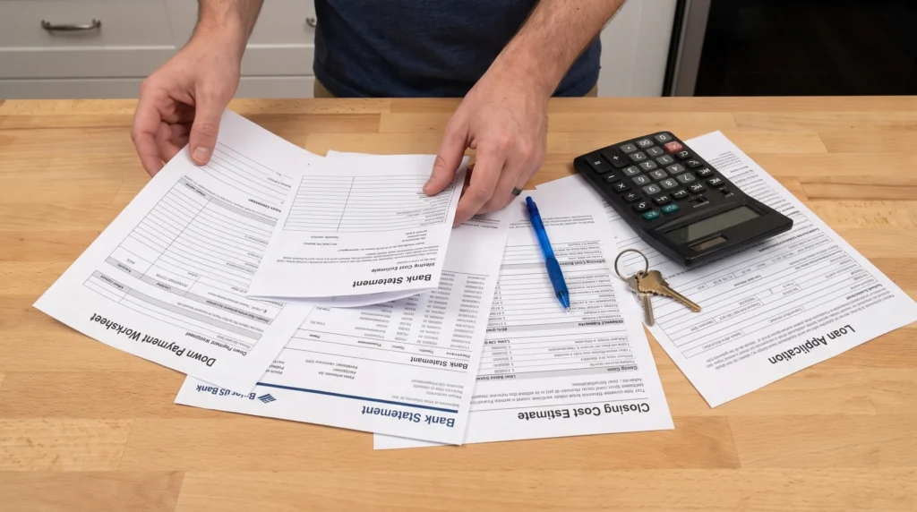 Hands sort loan papers, a worksheet, and a calculator on a kitchen counter while planning the FHA down payment.