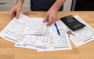 Hands sort loan papers, a worksheet, and a calculator on a kitchen counter while planning the FHA down payment.