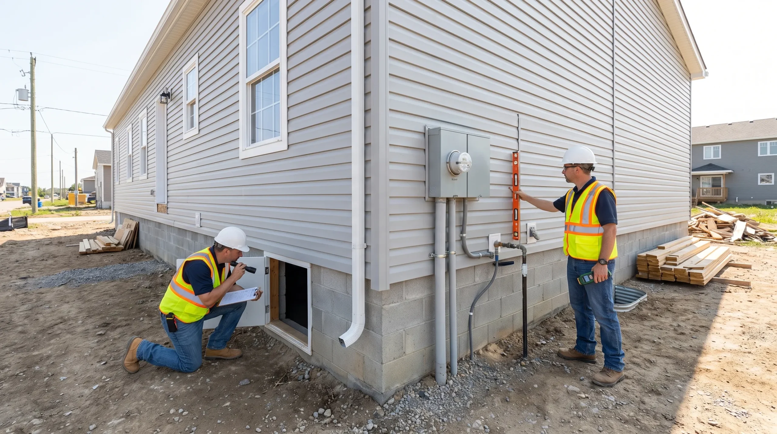 Inspectors review the foundation, utility connections, and exterior seams of a factory-built home on a residential lot.