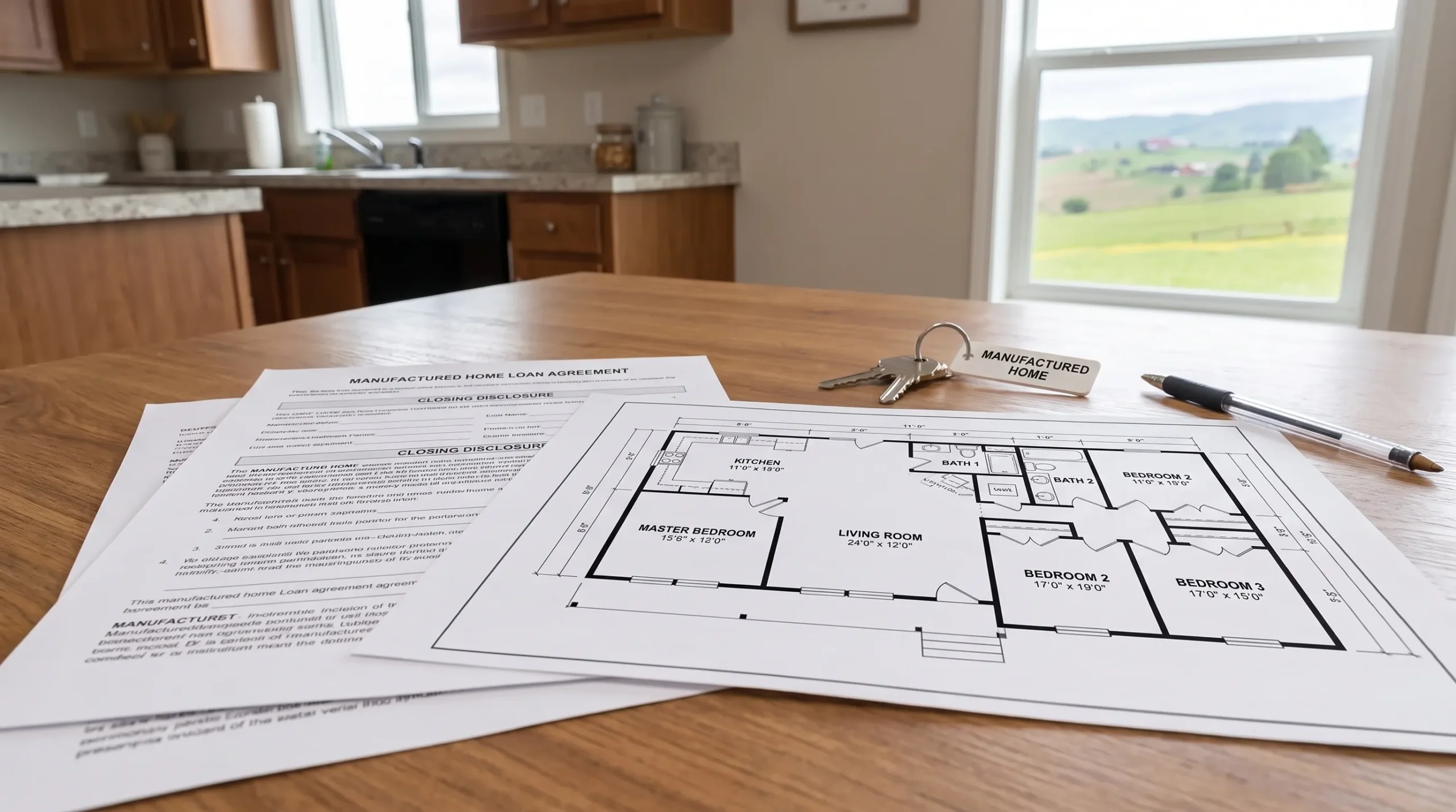 Loan documents, a manufactured home floor plan, house keys and a pen spread across a kitchen table inside a manufactured home.