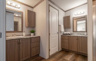 Primary bath with a long vanity and mirror