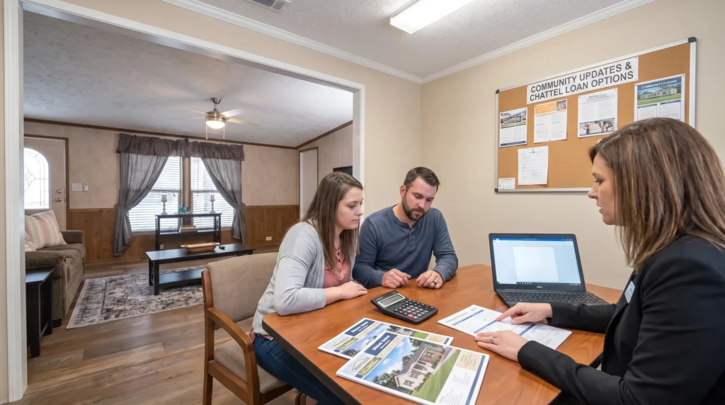 Two adults and a loan officer review manufactured home financing papers beside a laptop in a sales office.