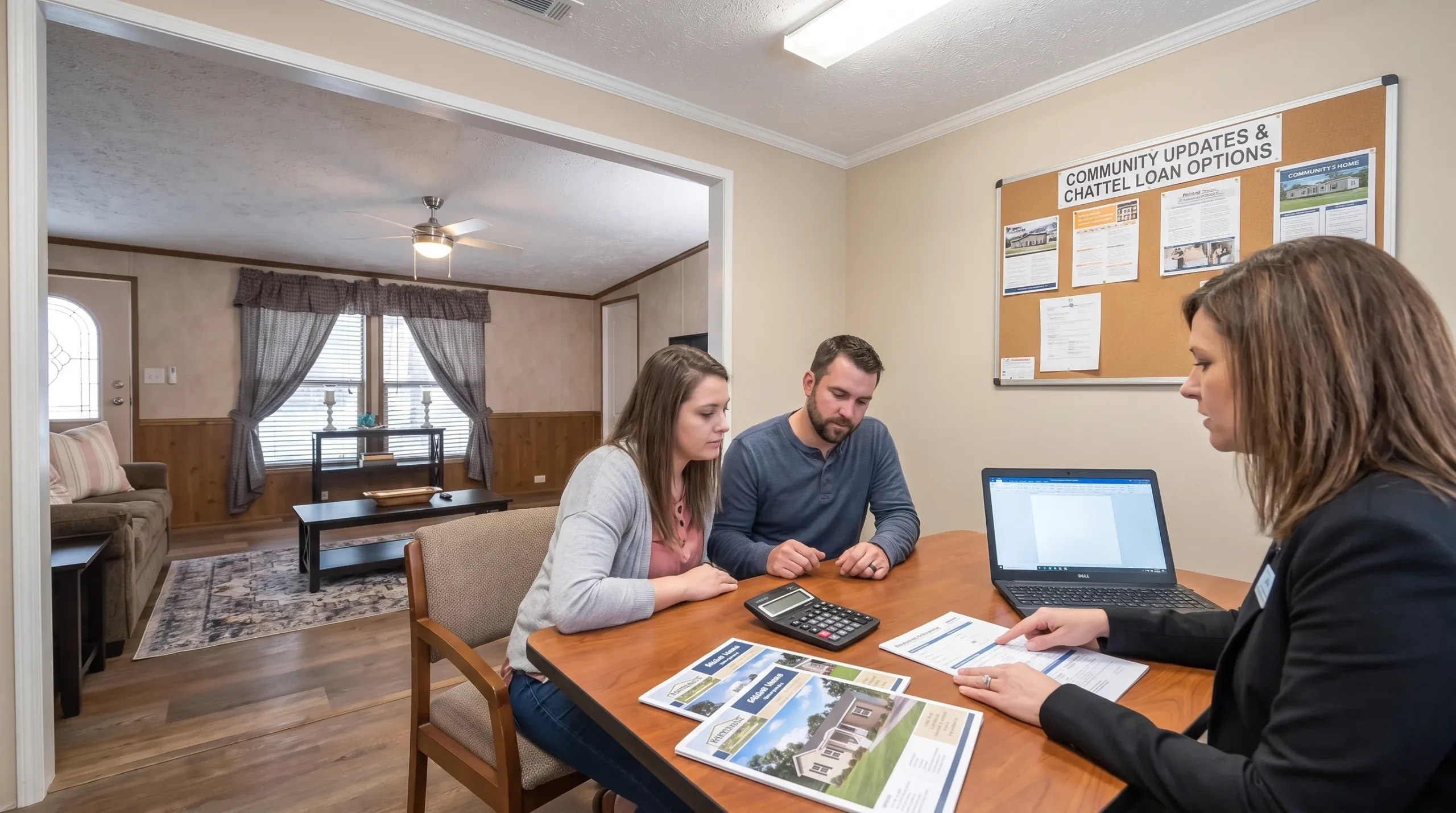 Two adults and a loan officer review manufactured home financing papers beside a laptop in a sales office.