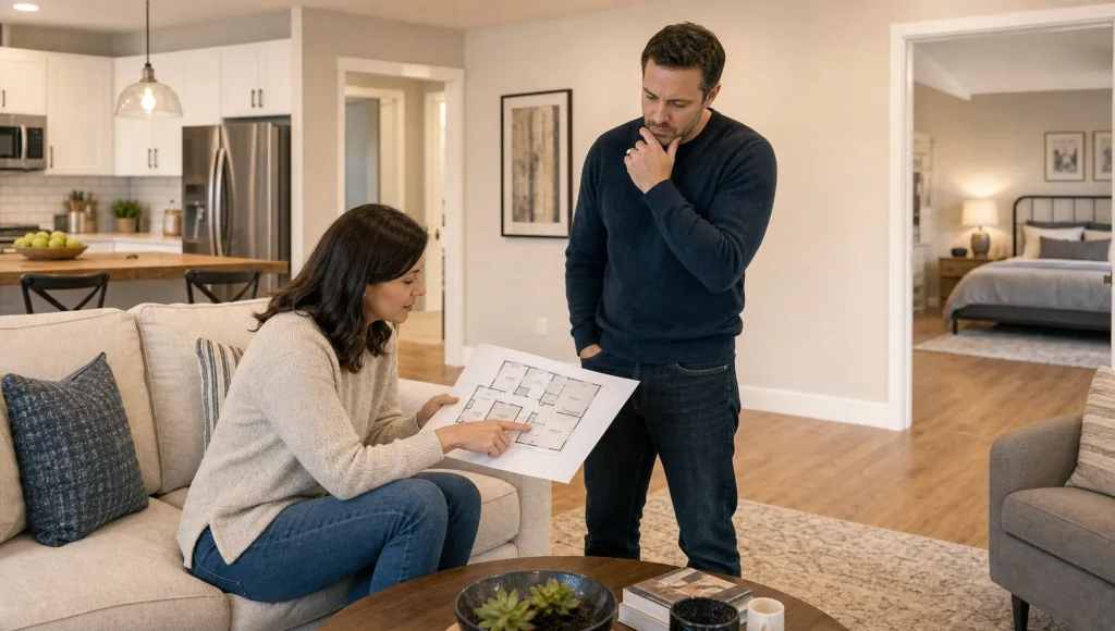 Two adults in a model home discuss floor plans and bedroom placement while touring a mobile home.