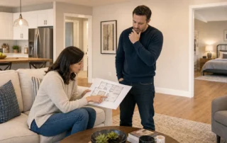 Two adults in a model home discuss floor plans and bedroom placement while touring a mobile home.