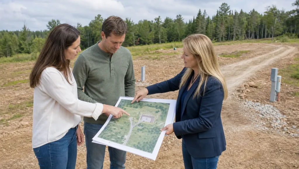 Two buyers and an agent review a site plan on private land before placing a double wide.