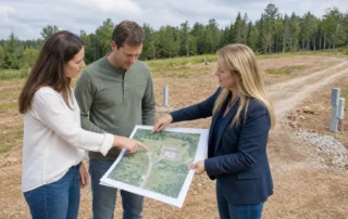 Two buyers and an agent review a site plan on private land before placing a double wide.