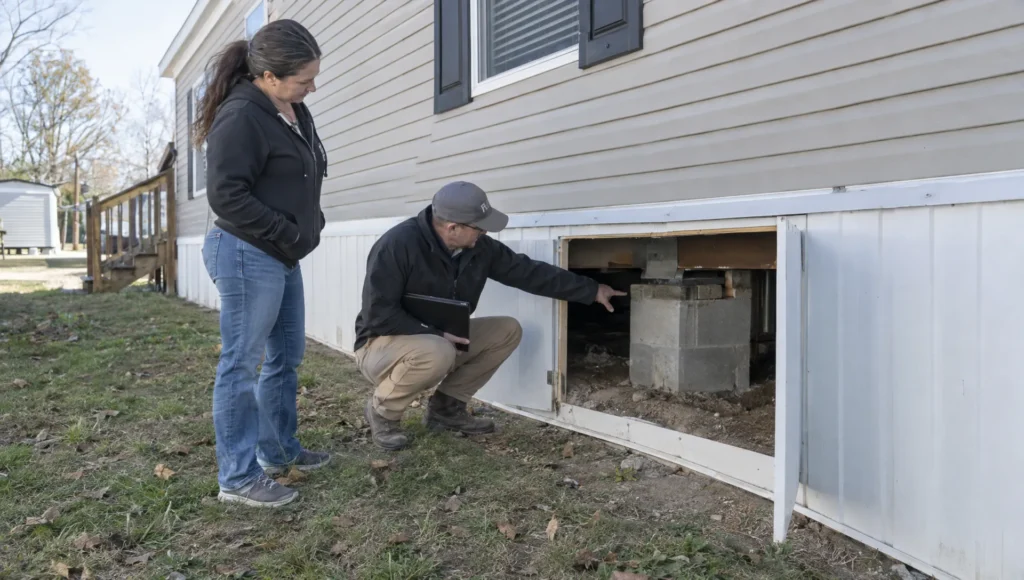 A buyer and structural professional examine a support pier beside a manufactured home during a purchase inspection.