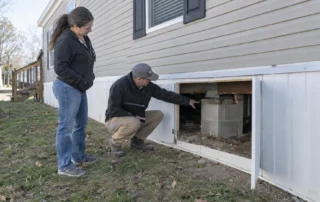 A buyer and structural professional examine a support pier beside a manufactured home during a purchase inspection.