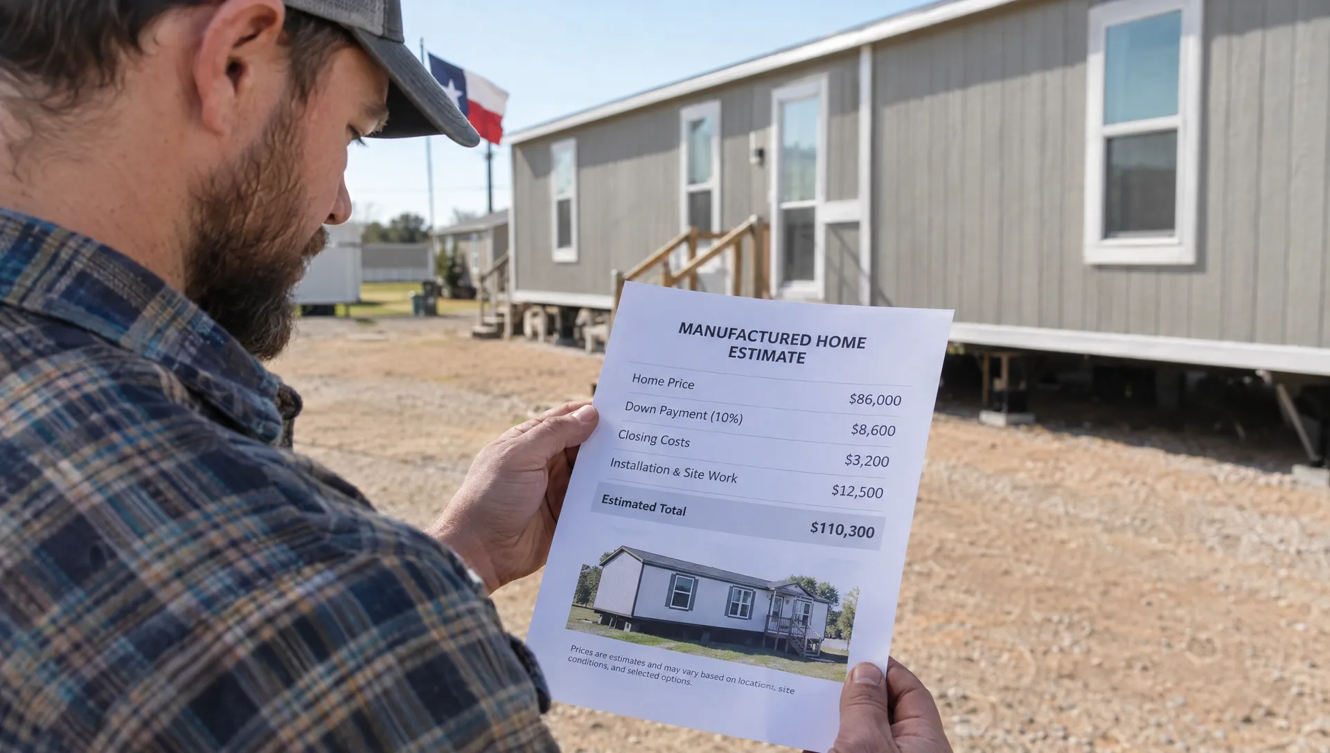 A buyer reviews a printed estimate beside a Texas manufactured home, with separate figures for the down payment, closing costs and installation expenses.