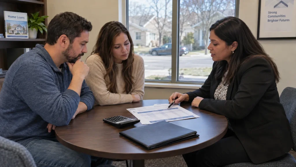 A couple discusses the monthly costs of a modular home with a housing counselor in a lender’s consultation room.