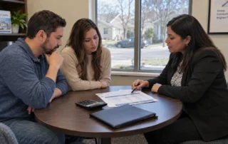 A couple discusses the monthly costs of a modular home with a housing counselor in a lender’s consultation room.