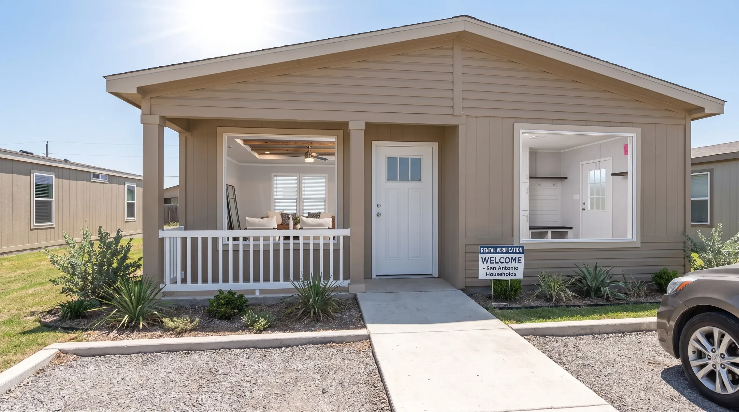 A four-bedroom doublewide manufactured home stands beside its front walkway and parking area, illustrating the kind of rental home San Antonio households can verify in person.