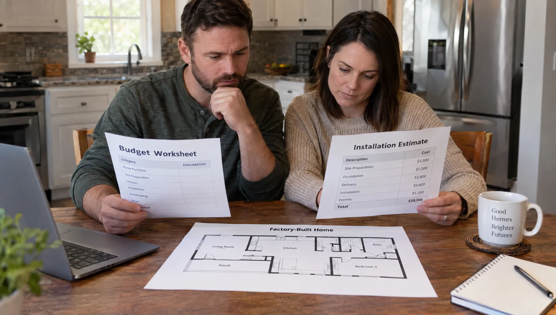 A household compares a budget worksheet, installation estimate, and factory-built home floor plan at their kitchen table.