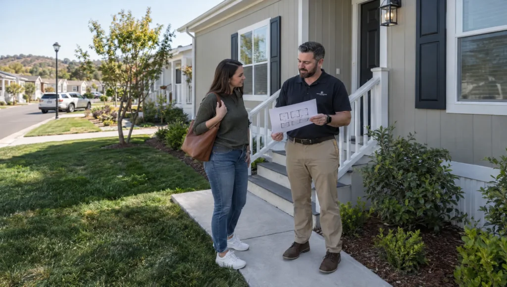 A renter discusses a floor plan with a property manager outside a four-bedroom manufactured home in San Antonio.