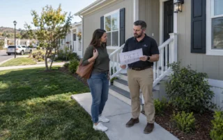 A renter discusses a floor plan with a property manager outside a four-bedroom manufactured home in San Antonio.