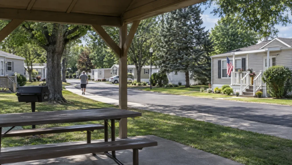 A resident walks a shaded path between homes in an occupied mobile home community being evaluated for purchase.