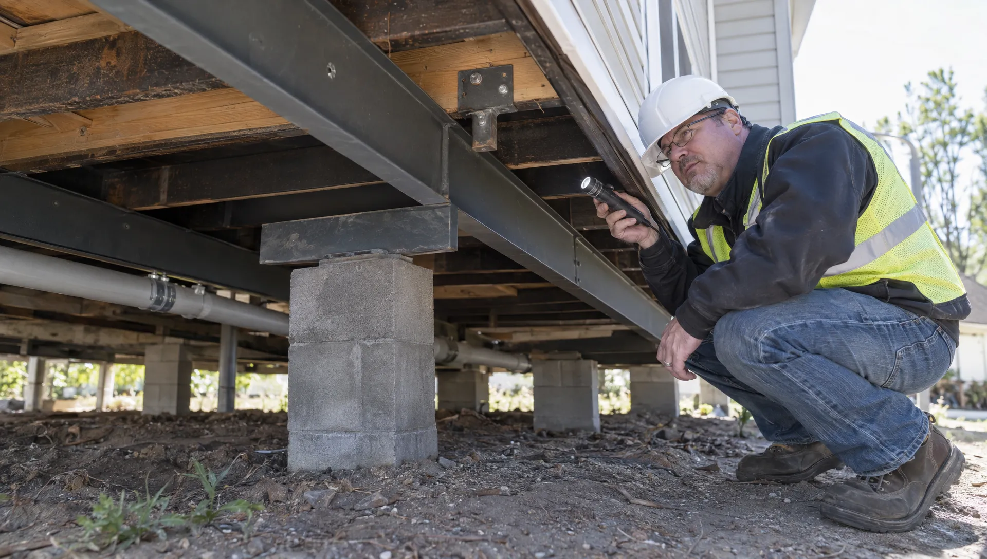 A structural professional checks the chassis and support piers beneath a manufactured home, with ground drainage visible nearby.
