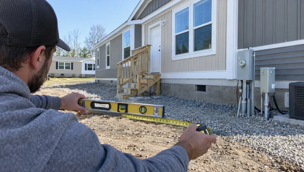 A technician checks a doublewide’s placement and installation on a community lot before manufactured-home financing is finalized.