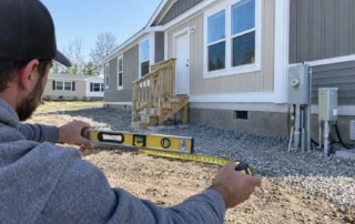 A technician checks a doublewide’s placement and installation on a community lot before manufactured-home financing is finalized.
