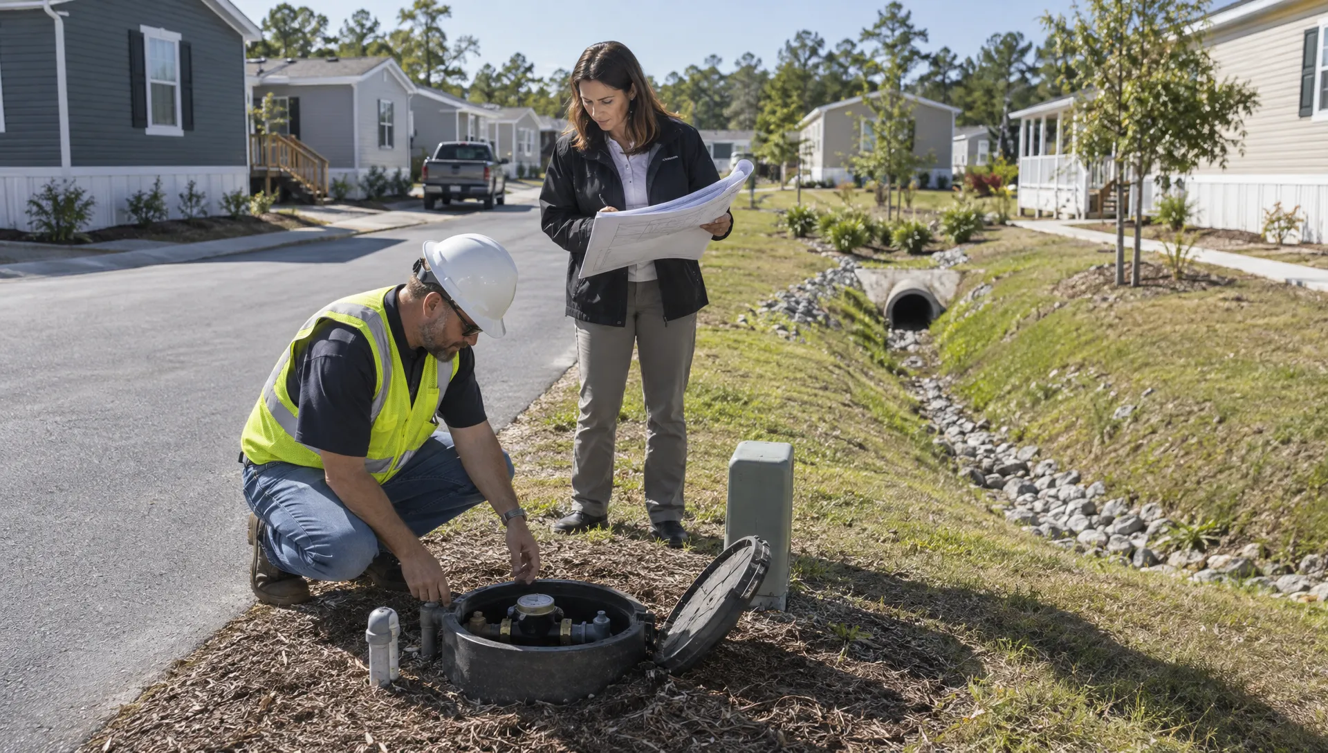 An inspector examines a water meter beside a paved park road as a representative checks the site plan, with a drainage swale and separate manufactured home lots nearby.