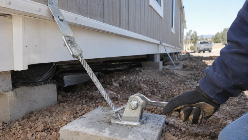 An installer checks a manufactured home’s foundation tie-down beside the prepared site, where installation work can add to the cash needed before move-in.