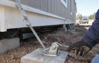 An installer checks a manufactured home’s foundation tie-down beside the prepared site, where installation work can add to the cash needed before move-in.