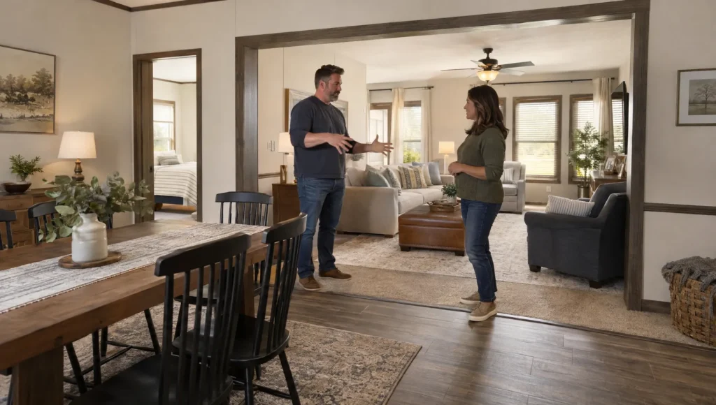 Two adults discuss how the separate living areas in a triple-wide home could suit their household.