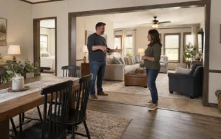 Two adults discuss how the separate living areas in a triple-wide home could suit their household.